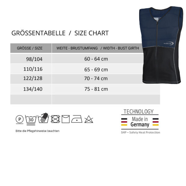 Size chart and small photo of the SX3 cooling vest from E.COOLINE