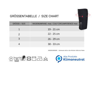 Size chart and small photo of the calf cooler for children from E.COOLINE