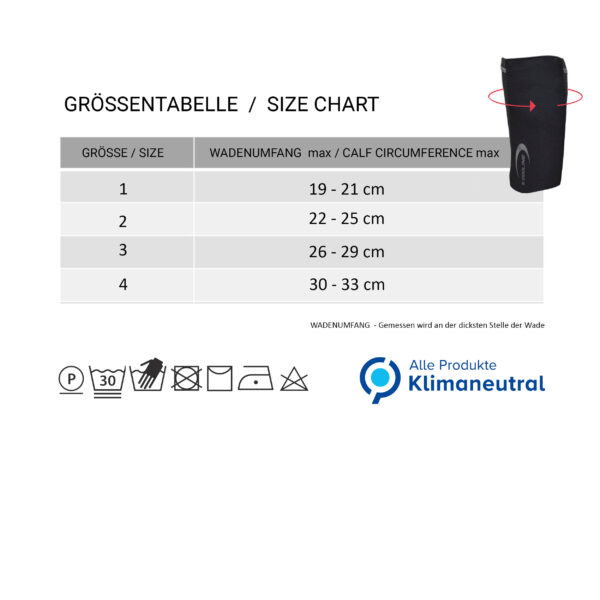 Size chart and small photo of the calf cooler for children from E.COOLINE