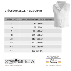 Size chart and small picture of the PowerVital cooling vest from E.COOLINE