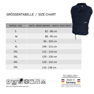 Size chart and small photo of the cooling vest from E.COOLINE
