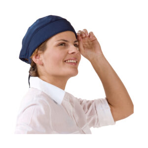 Woman wears cooling bandana by E.COOLINE in color blue