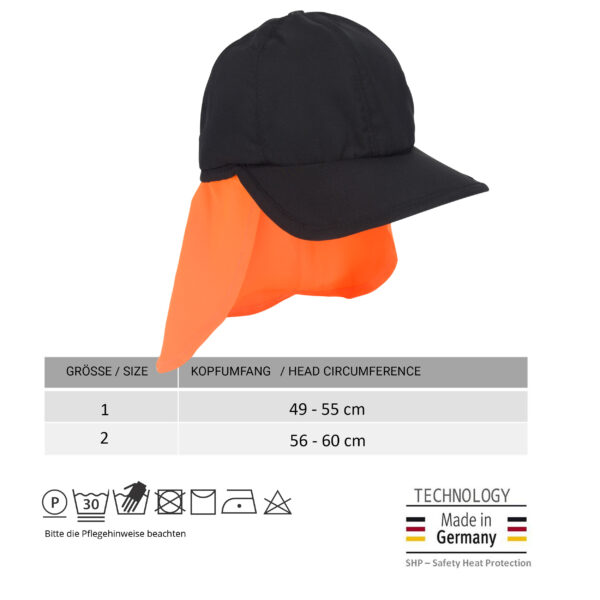 Size chart and photo of the cooling baseball cap with neck protection from E.COOLINE
