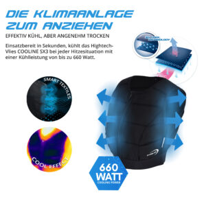 Technical product description of the cooling vest SX3 in black by E.COOLINE