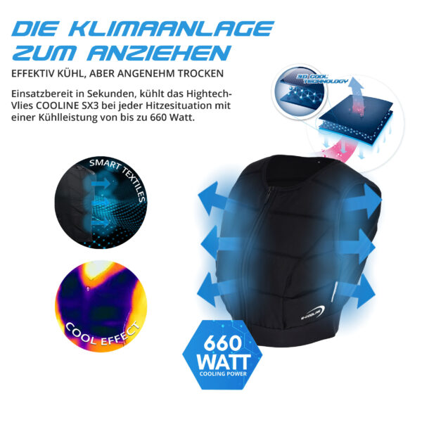 Technical product description of the cooling vest SX3 in black by E.COOLINE