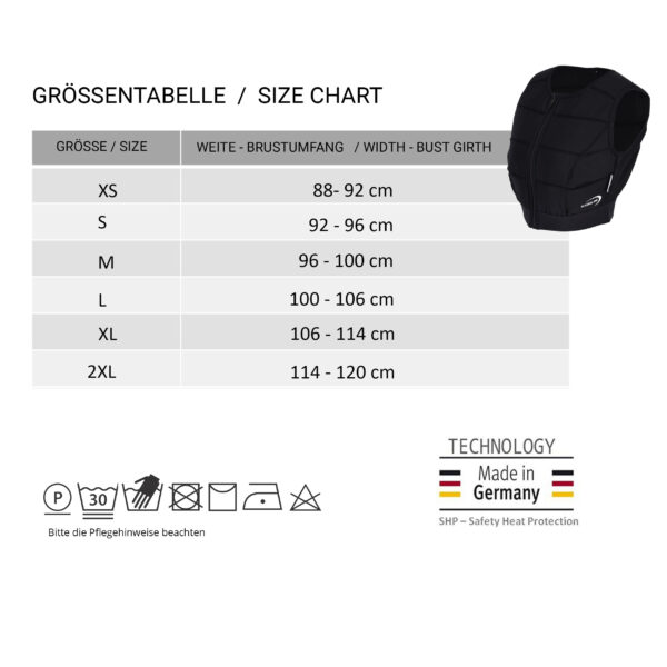 Size chart and small photo of the cooling vest from E.COOLINE