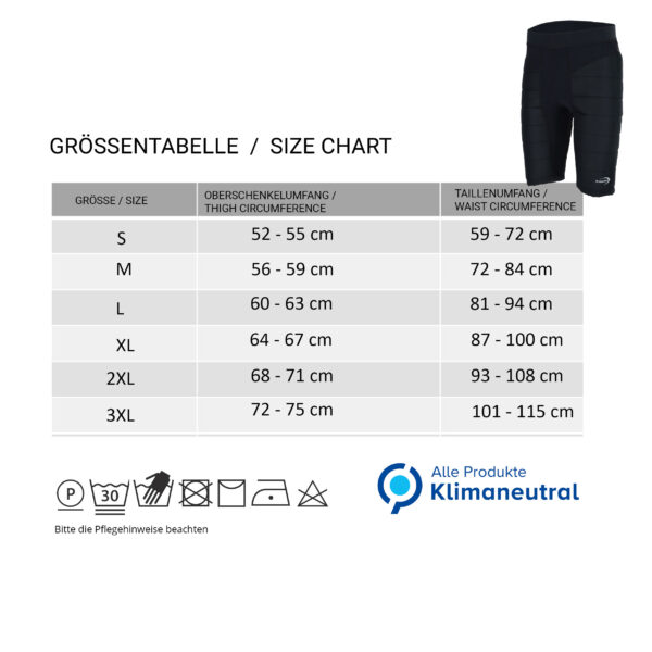 Size chart of the cooling pants from E.COOLINE in black