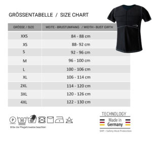Size chart and small photo of the cooling T-shirt SX3 from E.COOLINE