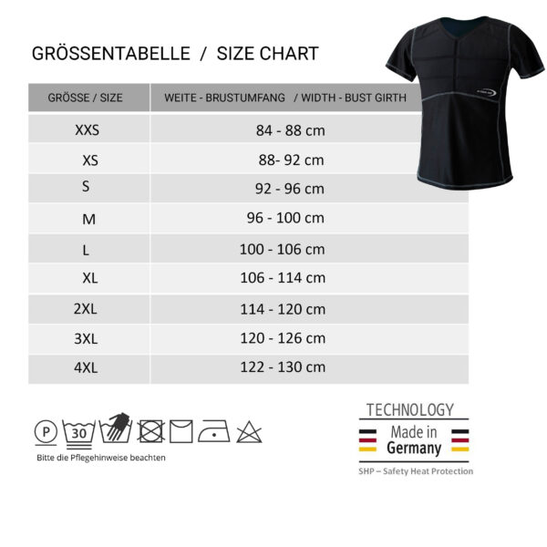 Size chart and small photo of the cooling T-shirt SX3 from E.COOLINE