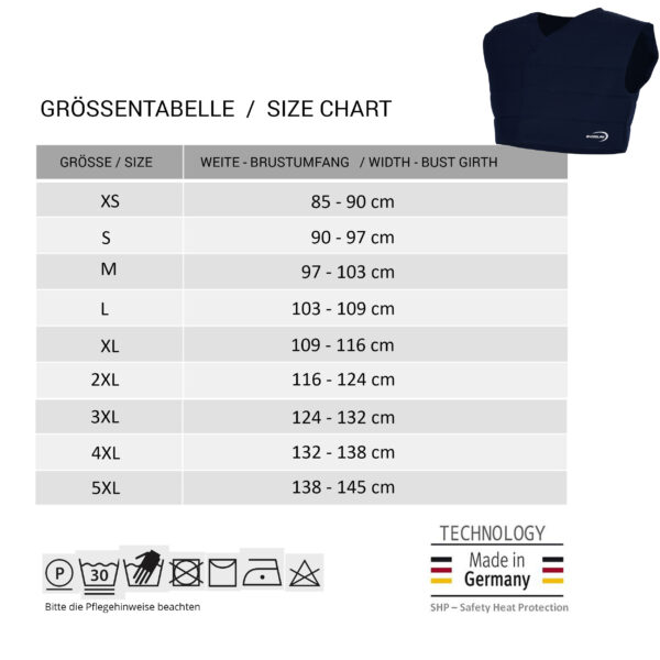 Size chart and small photo of the cooling vest from E.COOLINE