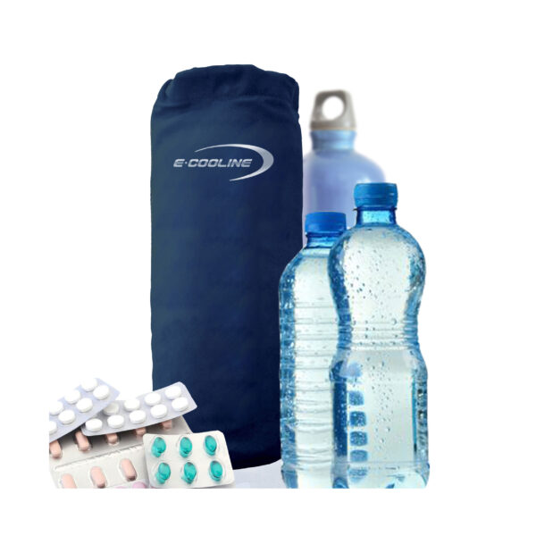 Cooler bag from E.Cooline and several drinks bottles and tablets