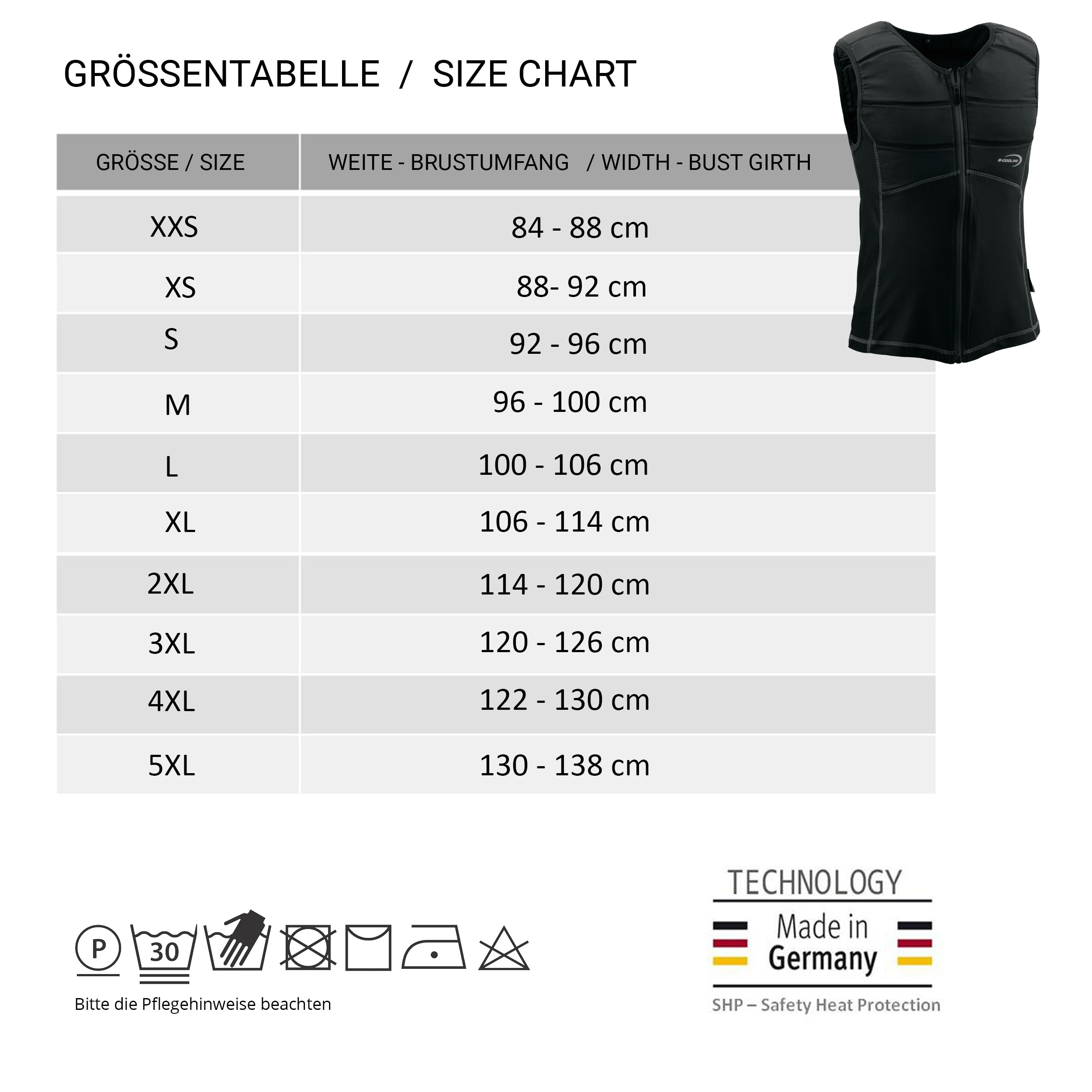 Size chart and small photo of the cooling shirt from E.COOLINE
