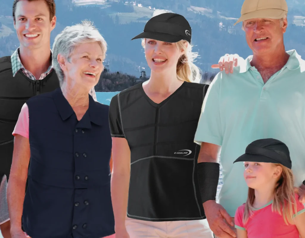 Banner mit Mann, Oma, Frau Opa und Kind - alle tragen Kühlwesten, Kühlmützen und kühlende Armlinge von E.Cooline