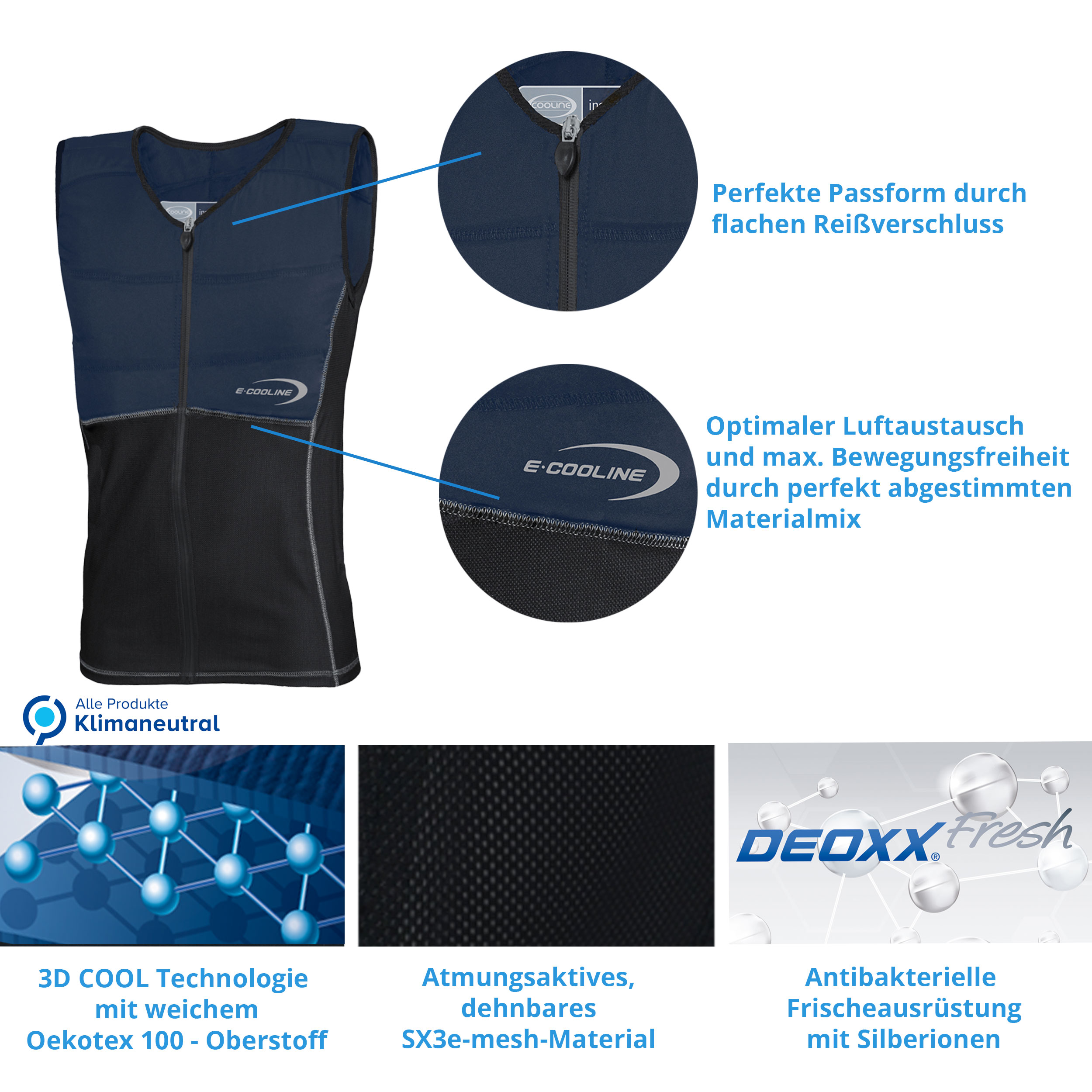 Repower-Kids-Cooling-Vest-Ecooline-CoolKids-Shirt-Vest-SX3-Features.jpg Product Features of the Repower Kids Cooling Vest with Zipper by E.COOLINE, Two-Tone Blue/Black, Medical Device